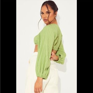 Shein ✔️ curve size 1XL green v neck parachute sleeve crop top blouse